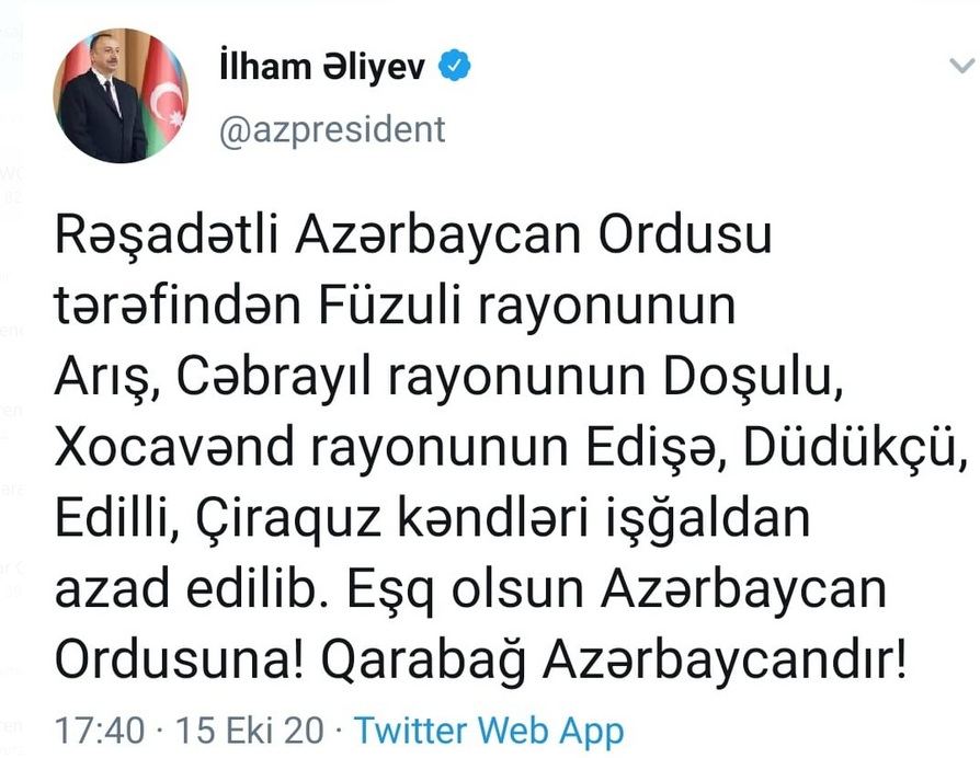 Azərbaycan Prezidenti: "Daha 6 kənd işğaldan azad edilib"