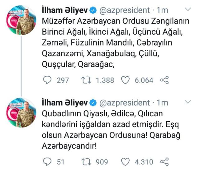 Prezident İlham Əliyev: Zəngilan, Füzuli, Cəbrayıl və Qubadlının bir neçə kəndi işğaldan azad edildi