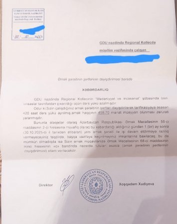 Gəncə Regional Kollecdə müəllimlərə təzyiq: Dərs yükünə imza atmayanlara maaş verilməyəcək – rəhbərlikdən susdurma cəhdləri